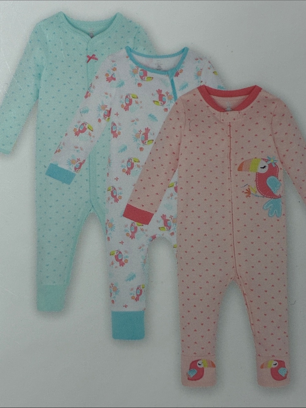 Koala Kids Pink and Teal Toucan 3-Pack Baby Coveralls